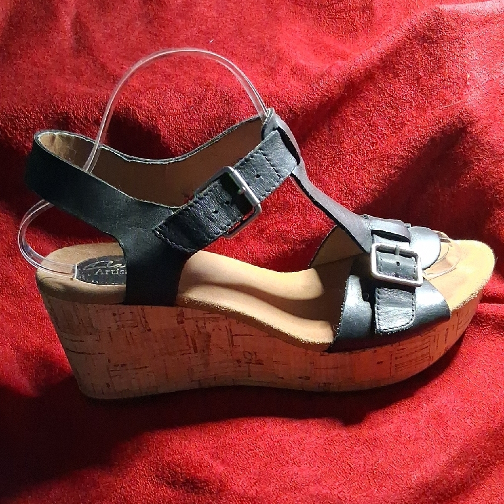 Clarks Black Wedge Sandals with Buckle Detail